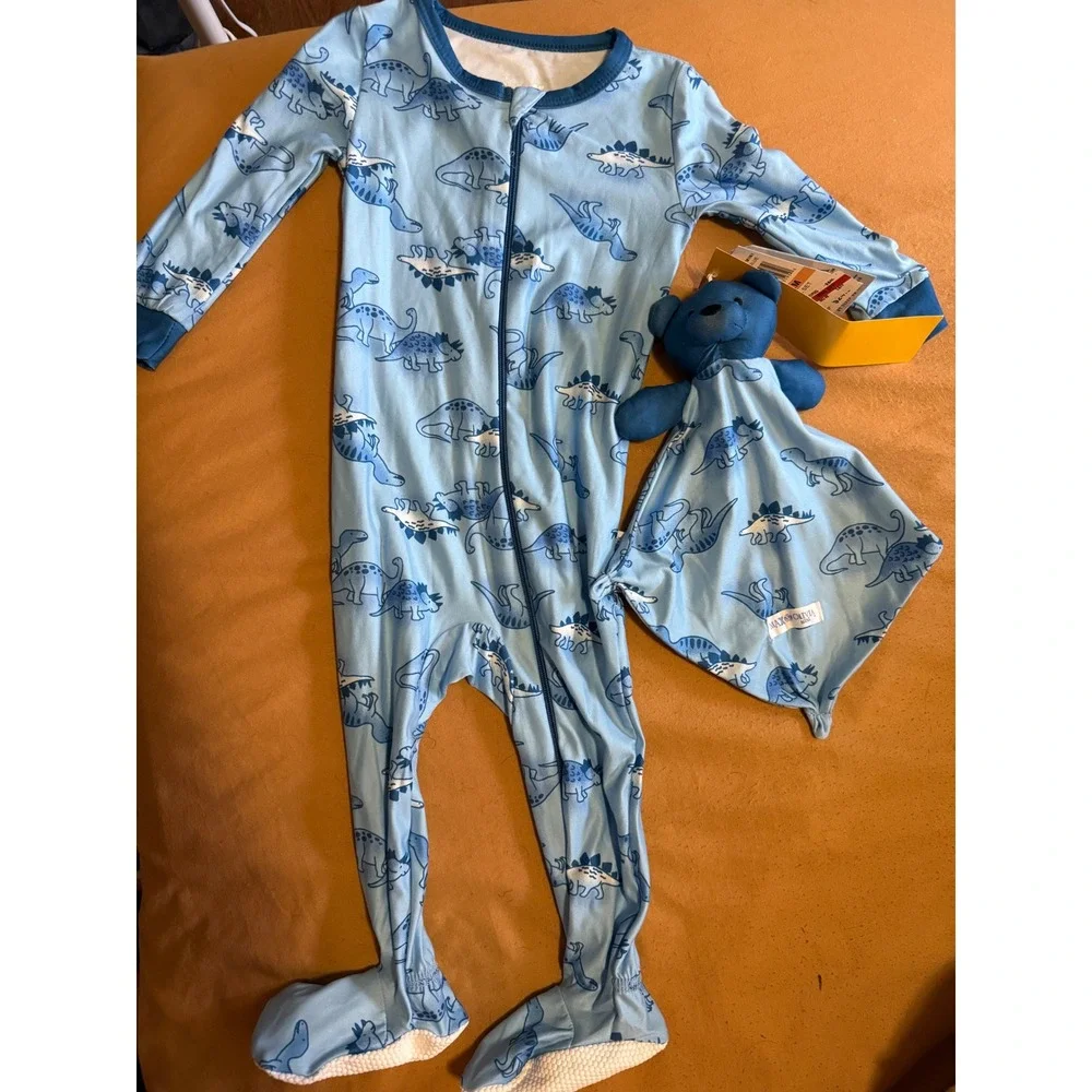 Max & Olivia 12mo Blue Dinosaur Footed Pajamas Sleeper and Lovey Blanket Set NEW